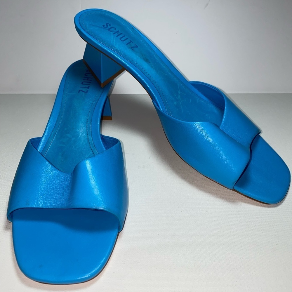 SCHUTZ Liza Lo Leather Azure Women's Vibrant Blue Heeled Slides